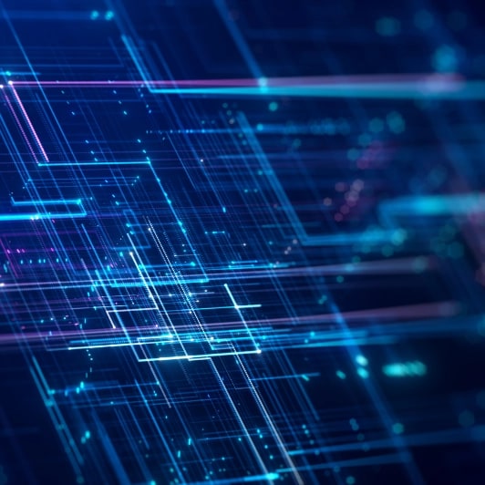 Abstract blue and purple digital lines forming a data network.